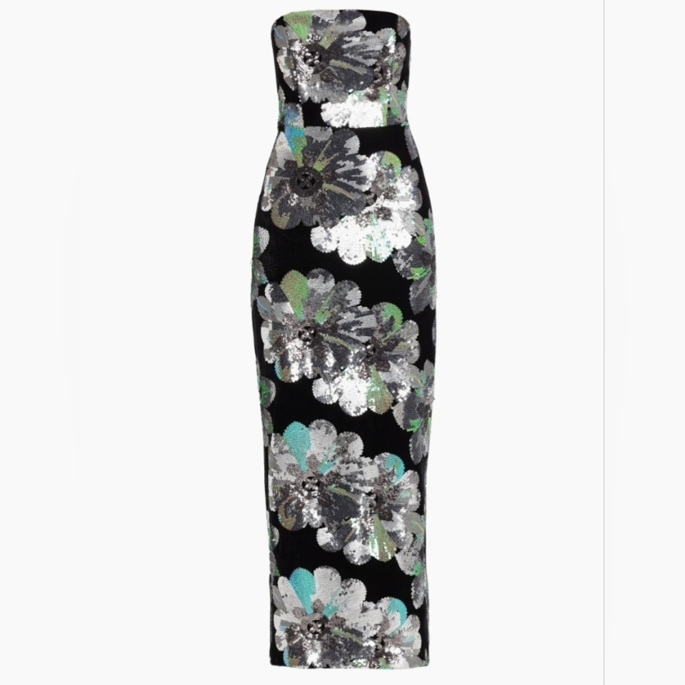 NWT Milly Orion Sequin-Embellished Floral Velvet Strapless Maxi Dress Size 2
